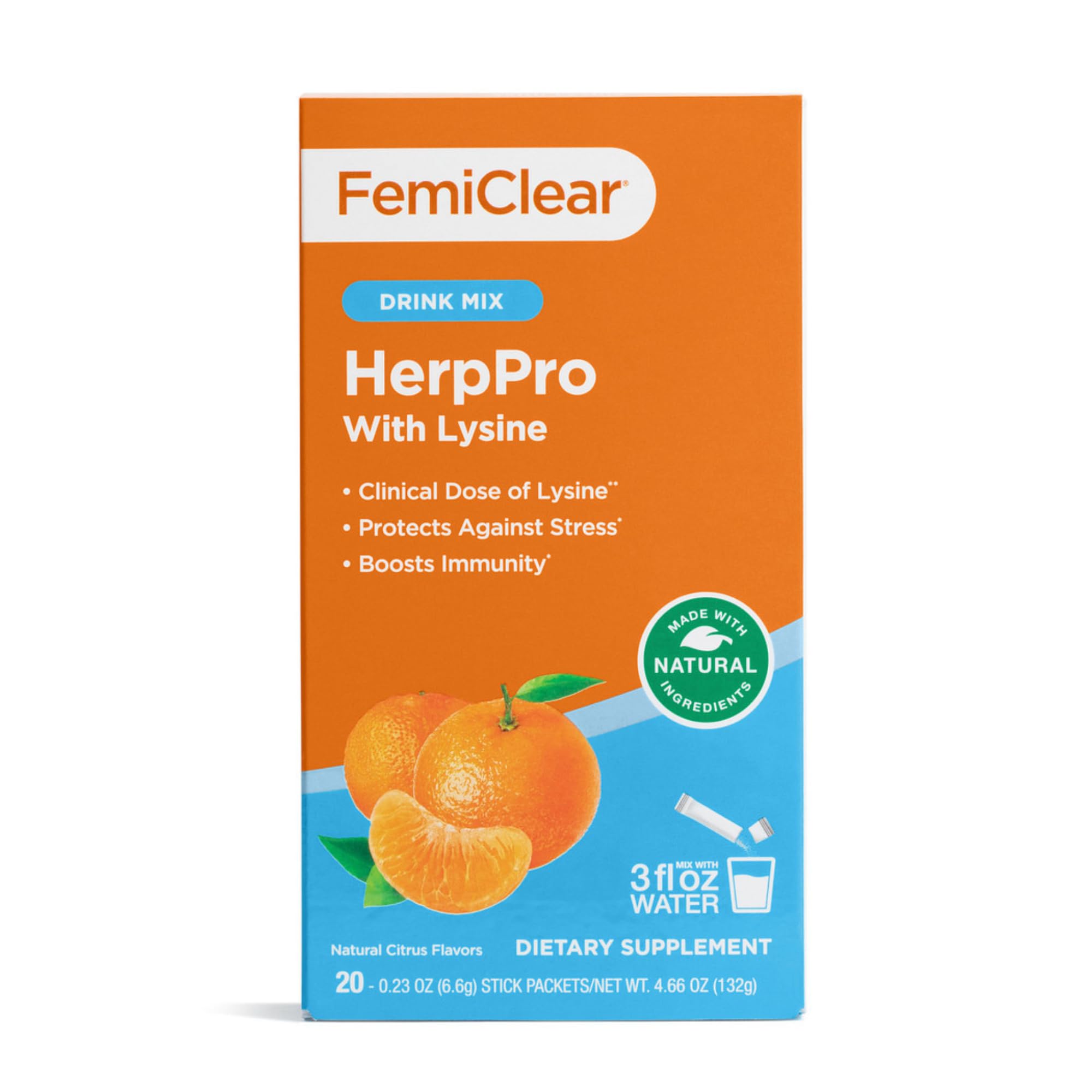 FemiClear HerpPro Drink Mix bottle dissolving powder for daily immune support.