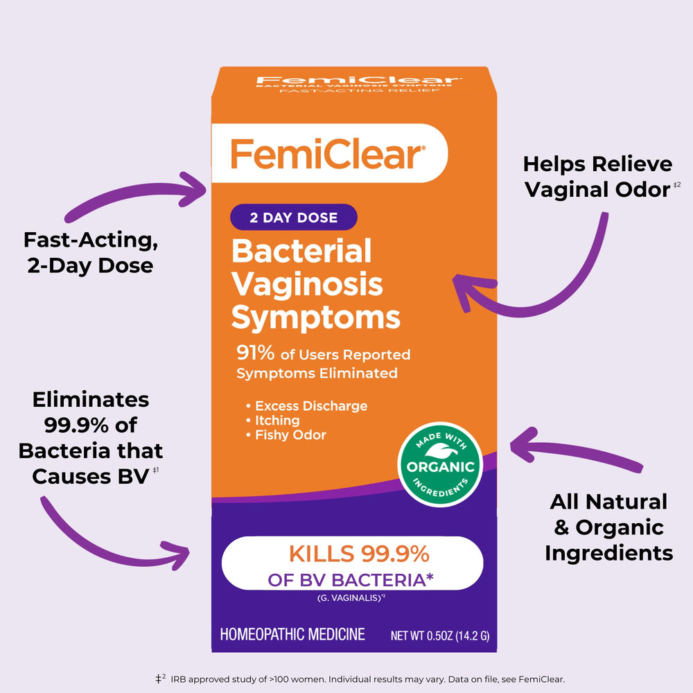 FemiClear organic ingredients label signals natural formulation for BV care.