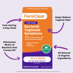 FemiClear organic ingredients label signals natural formulation for BV care.