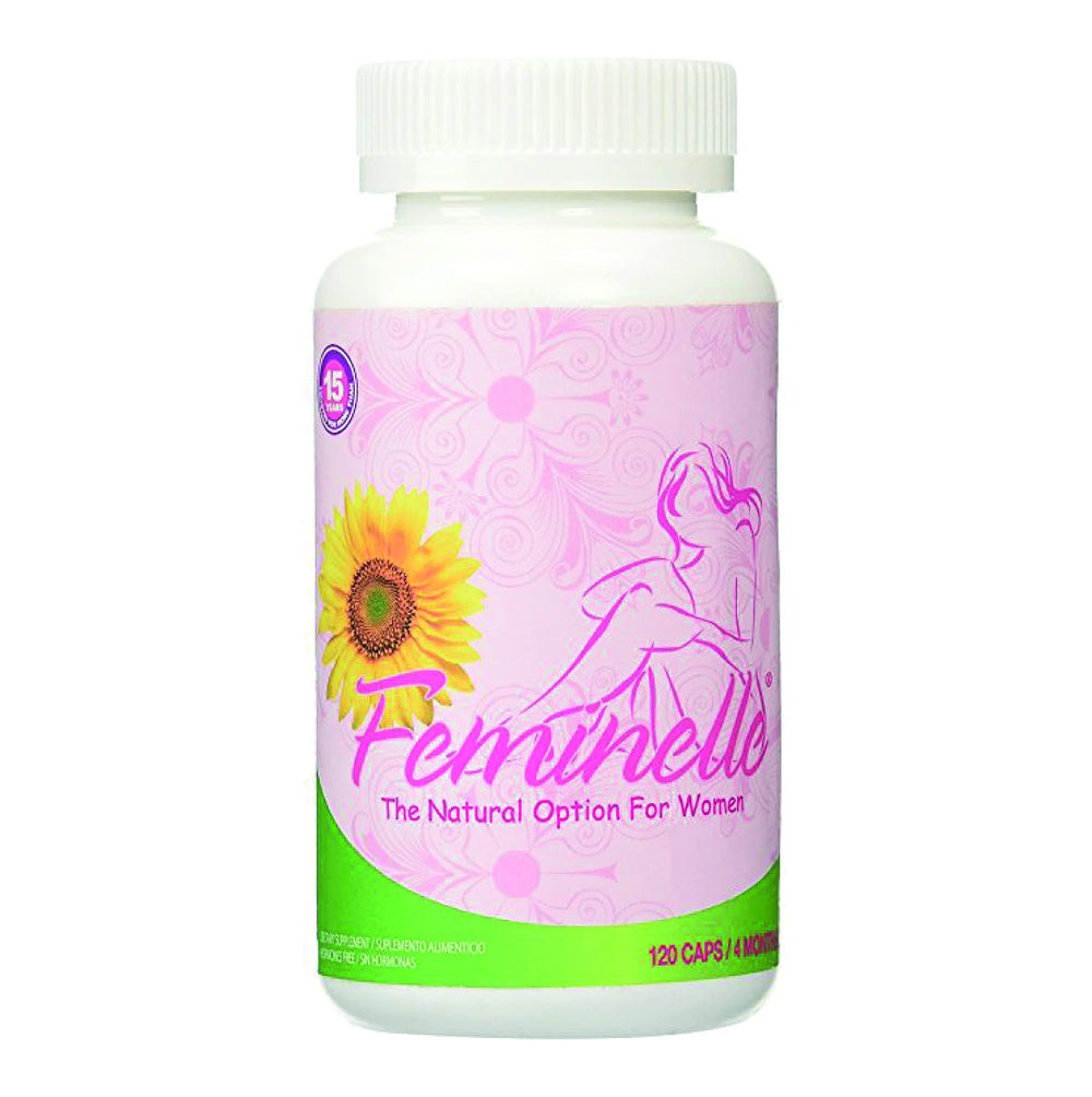 Feminelle menopause bottle front provides symptom support during menopause.
