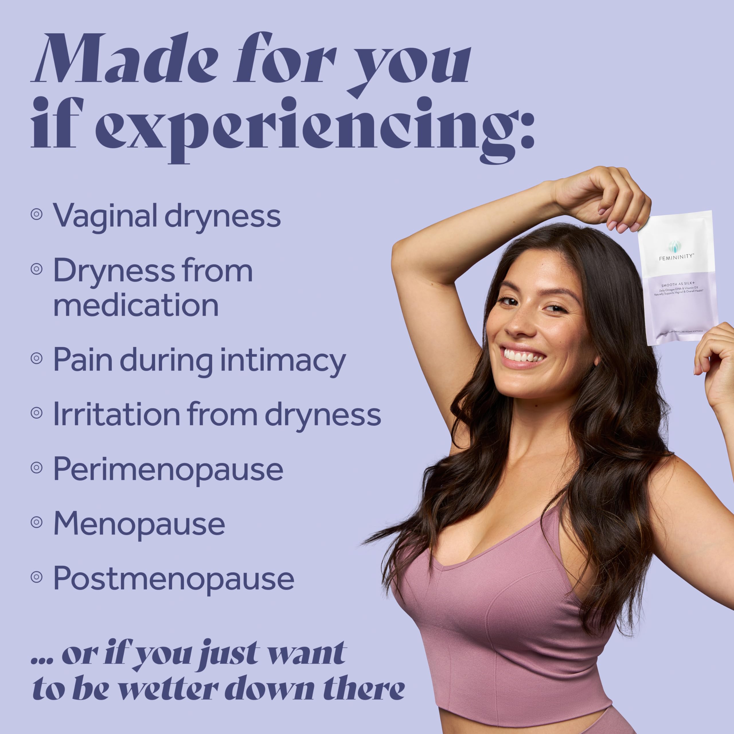 Ingredients collage of Femininity Smooth as Silk+ with D3 and DHA for daily vitality