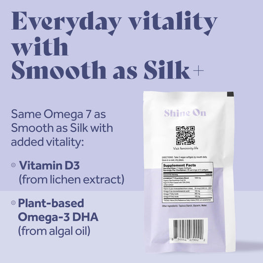 Closeup of Femininity Smooth as Silk+ softgels for convenient daily intake