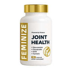 FEMINIZE AlluraJoint bottle front label highlights glucosamine and turmeric for joint support.