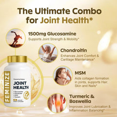 FEMINIZE AlluraJoint ingredient scene emphasizes glucosamine and chondroitin tablets.