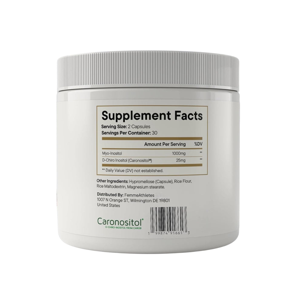 Femme Athletes D-Chiro Inositol capsules close-up, potential metabolic support.
