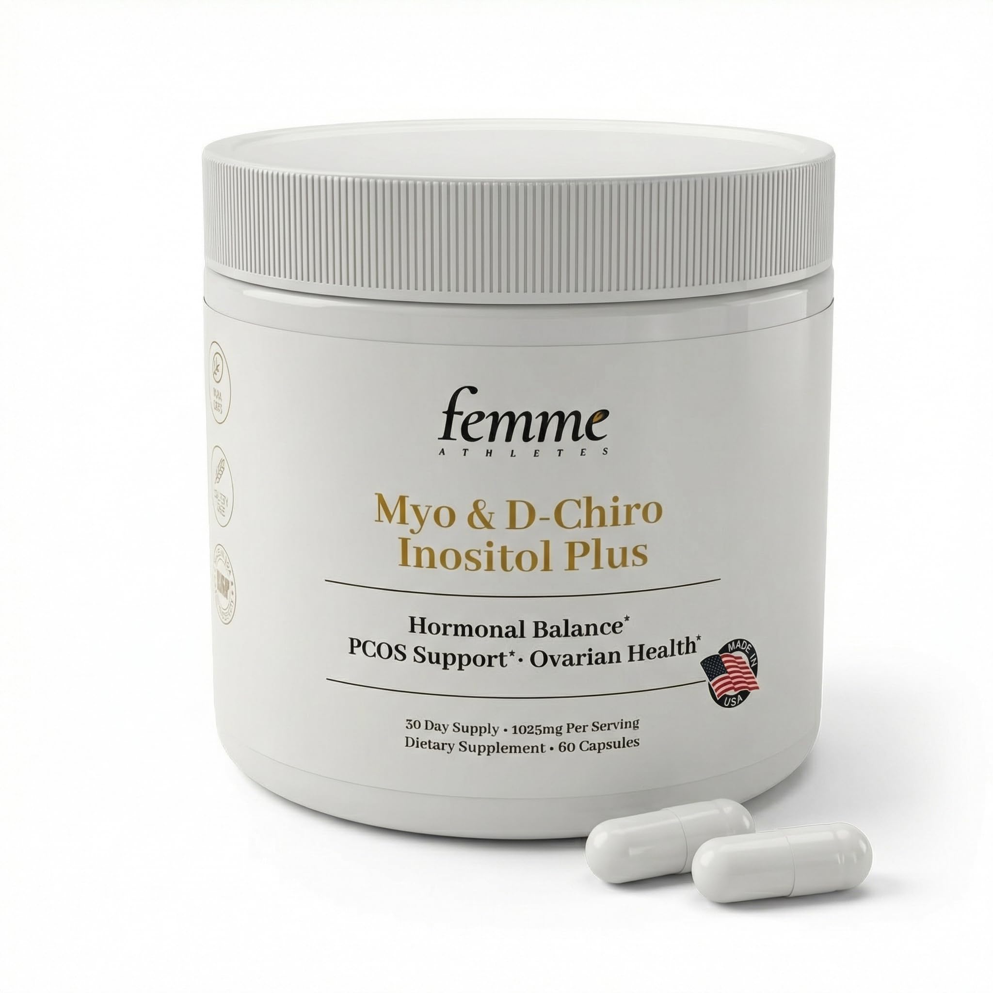 Femme Athletes Myo-Inositol capsules close-up, potential hormone balance.