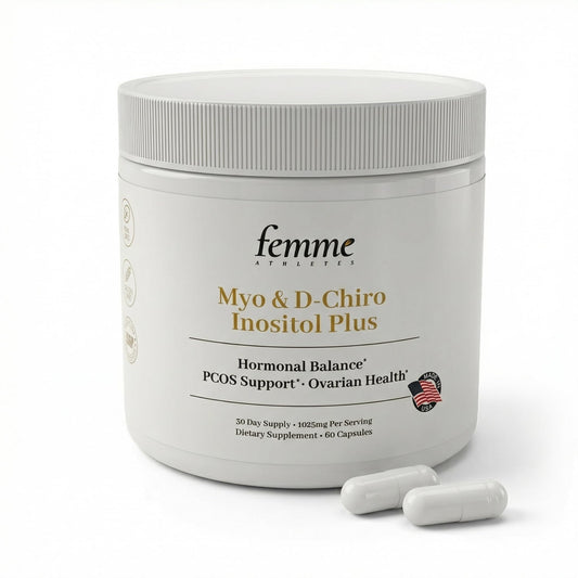 Femme Athletes Myo-Inositol capsules close-up, potential hormone balance.