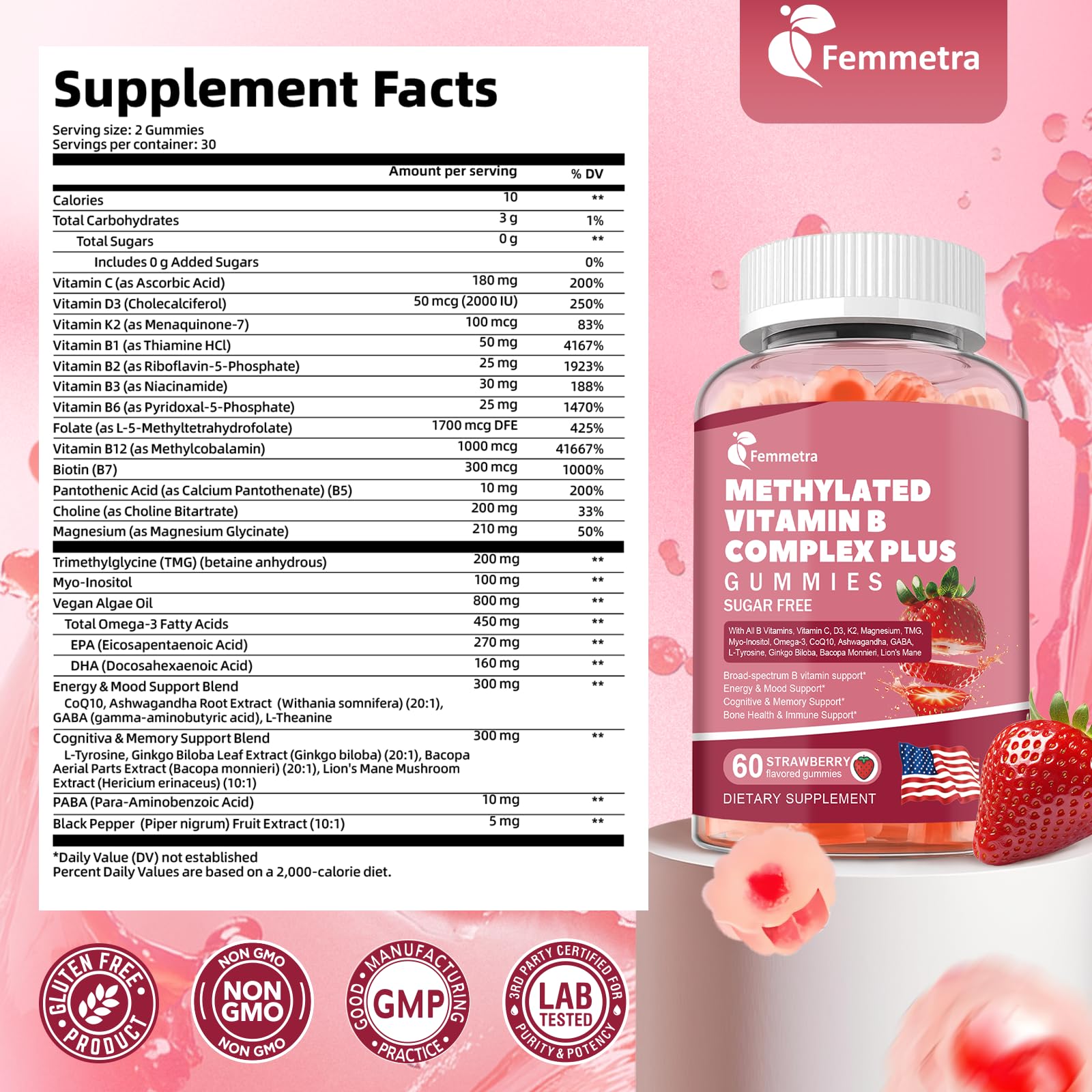 Femmetra B-Complex Gummies ingredients label shows 14 vitamins for wellness