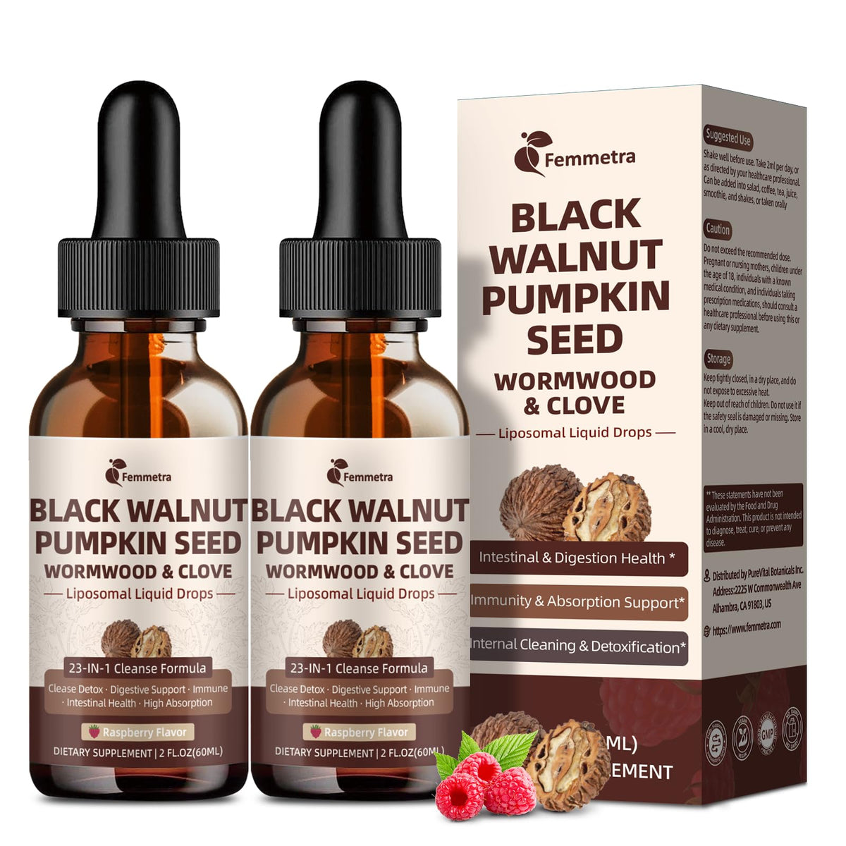 Femmetra black walnut wormwood clove cleanse bottle boosts gut balance.