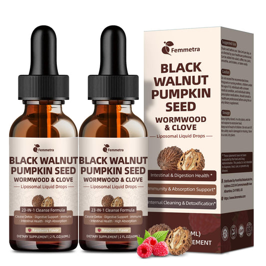 Femmetra black walnut wormwood clove cleanse bottle boosts gut balance.