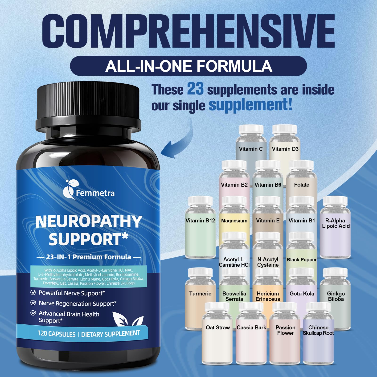 Femmetra Gotu Kola and Ginkgo capsule set highlighting circulation and neurological wellness.