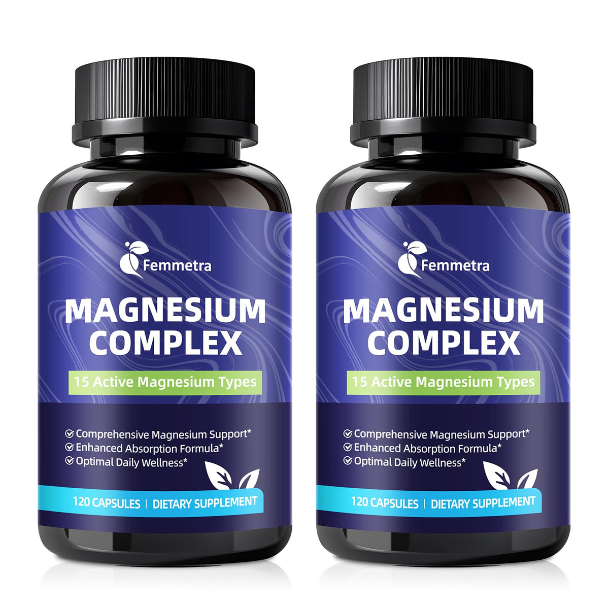 Femmetra Magnesium Complex bottle showing 15 magnesium forms for energy and relaxation support