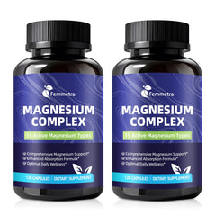 Femmetra Magnesium Complex bottle showing 15 magnesium forms for energy and relaxation support