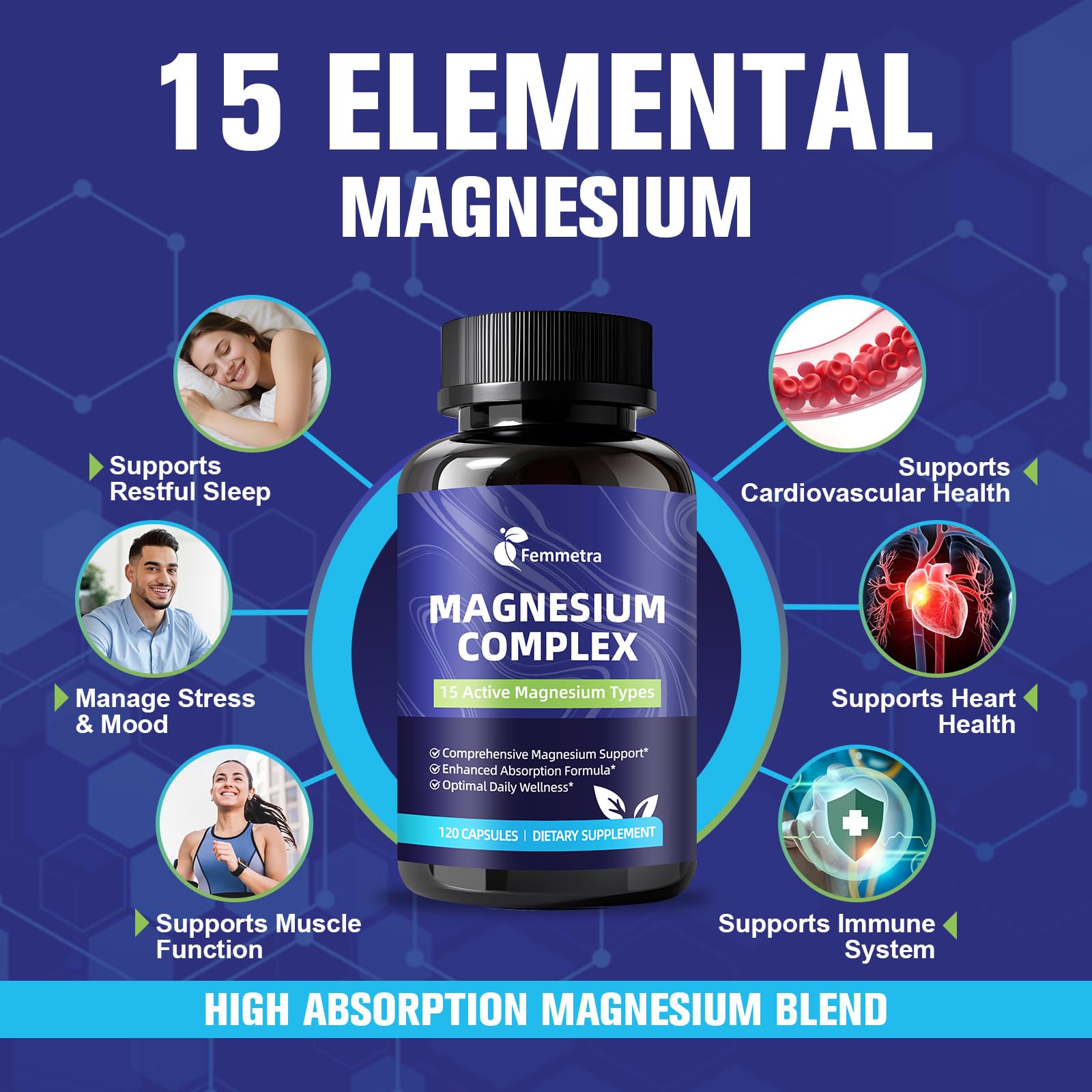 Front view of Femmetra Magnesium Complex bottle highlighting vegan-friendly packaging