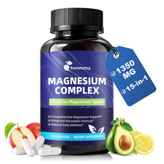 Educational graphic showing 15 magnesium forms inside Femmetra Complex