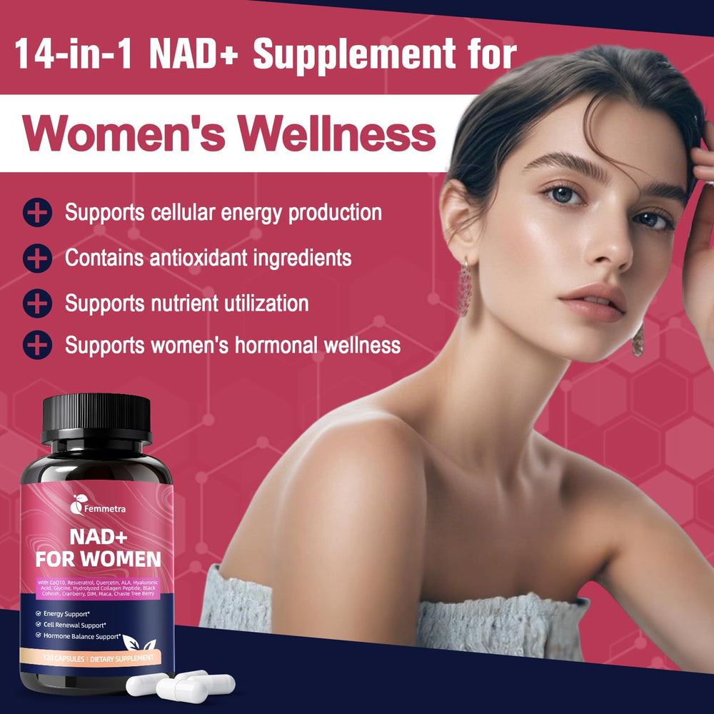 Femmetra NAD+ bottle on a desk ready for daily use.