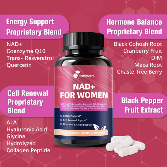 Closeup of Femmetra NAD+ capsules highlighting the 14‑in‑1 formula.