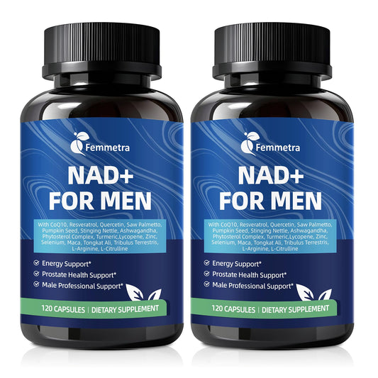 Femmetra NAD energy bottle shows the all-in-one formula for daily energy and focus.