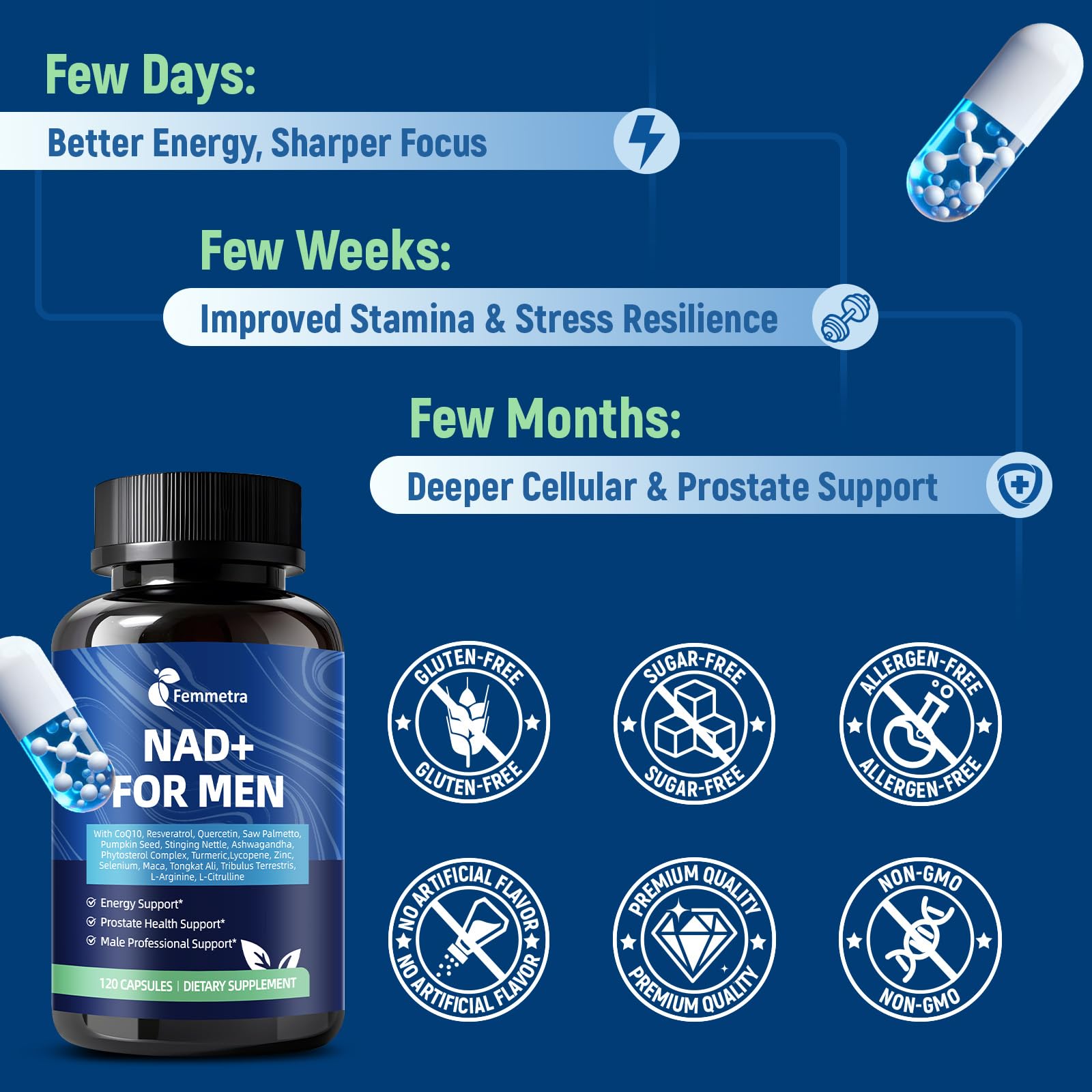 Morning routine lifestyle shot shows a confident man taking Femmetra for daily energy.