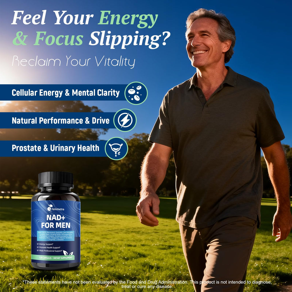 Femmetra NAD prostate-support ingredients on bottle with saw palmetto, pumpkin seed, and lycopene.