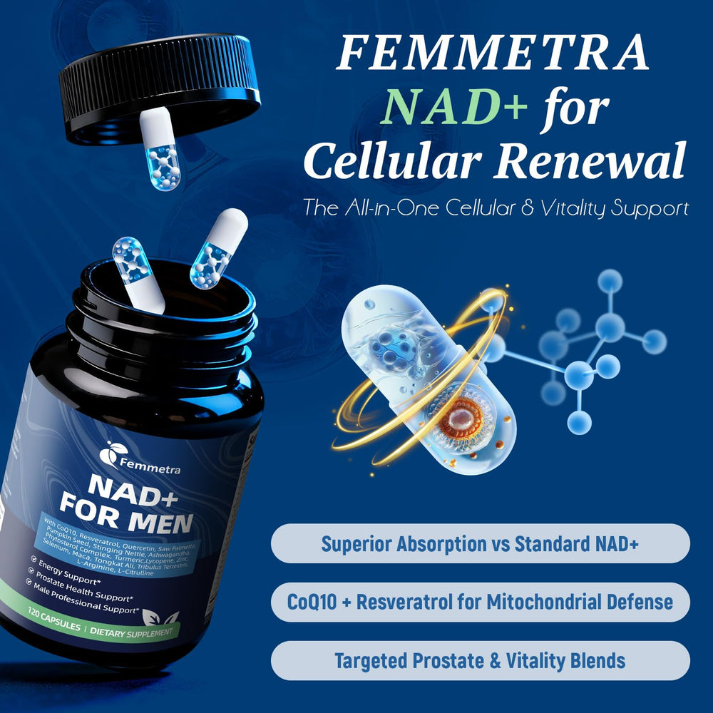 Femmetra NAD formula highlights zinc, selenium, and tongkat ali for vitality.