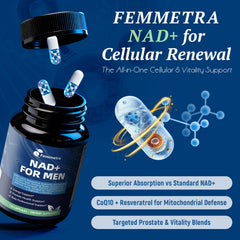 Femmetra NAD formula highlights zinc, selenium, and tongkat ali for vitality.