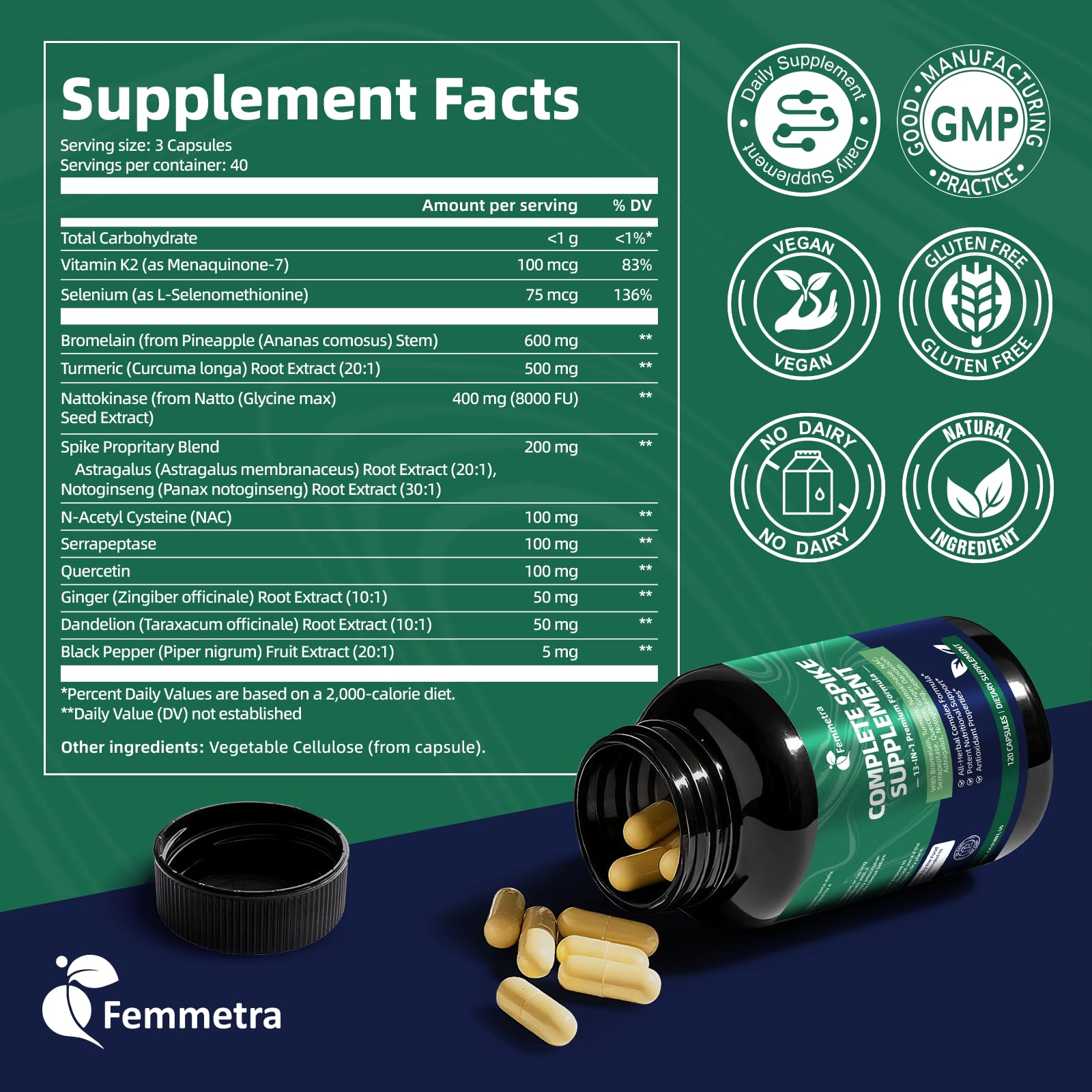 Vegan and non-GMO badge shown on Femmetra Spike Protein Support packaging.