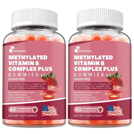 Femmetra Ultra Methylated B-Complex Gummies bottle highlights convenient daily energy support