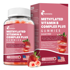 Femmetra Ultra Methylated B-Complex gummies bottle showing sugar-free strawberry flavor.