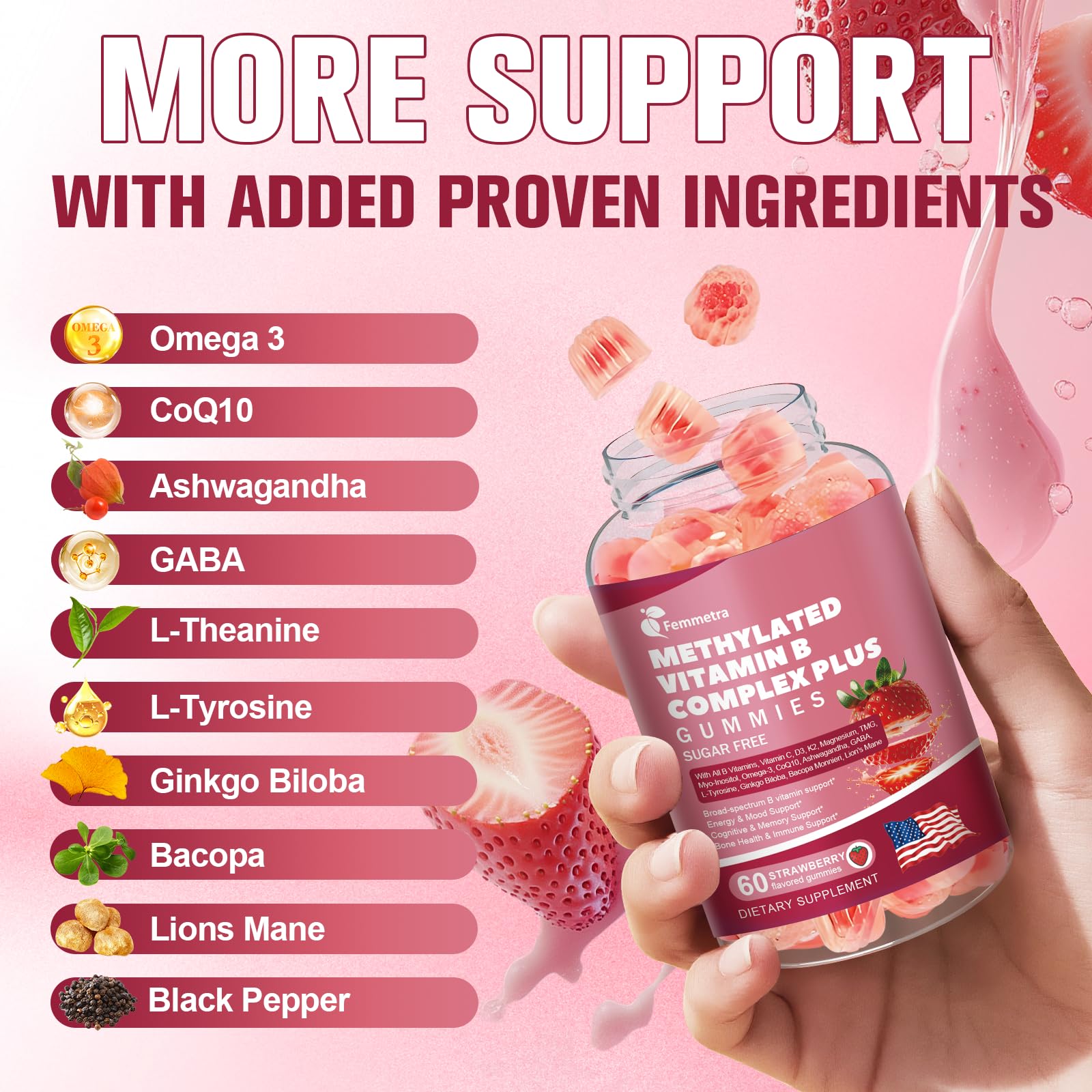 Femmetra gummies vitamin palette hints at broad B-complex coverage.