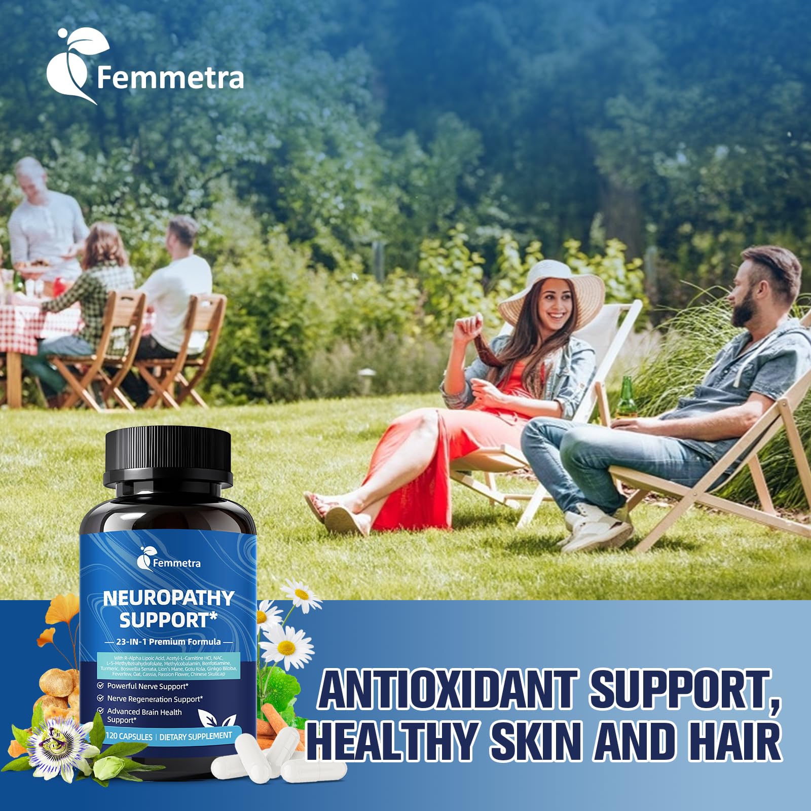 Femmetra vegan, GMP-certified packaging conveys quality and allergen-free formulation.