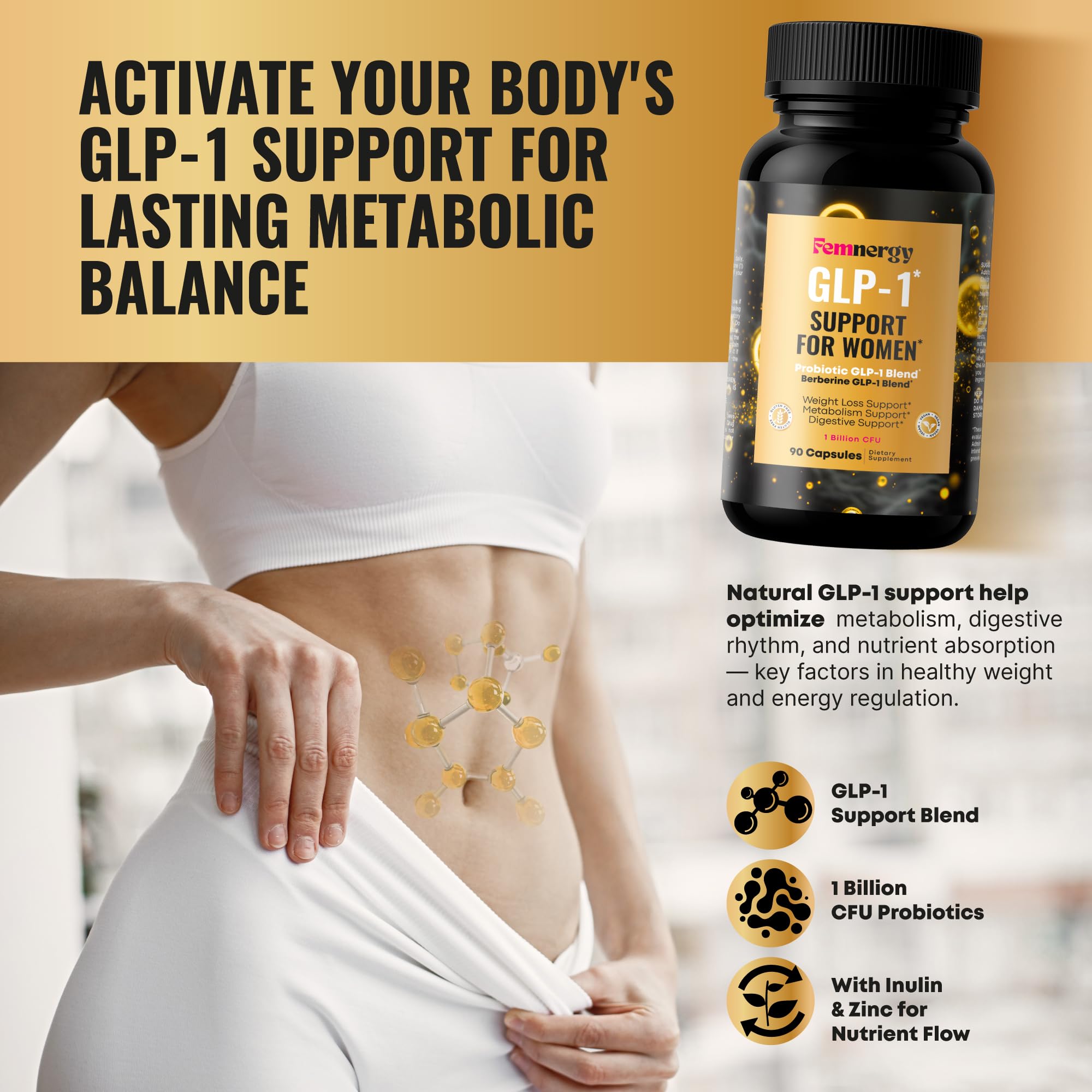 Capsules of Femnergy GLP-1 Support probiotic berberine ready to take with a balanced lifestyle.