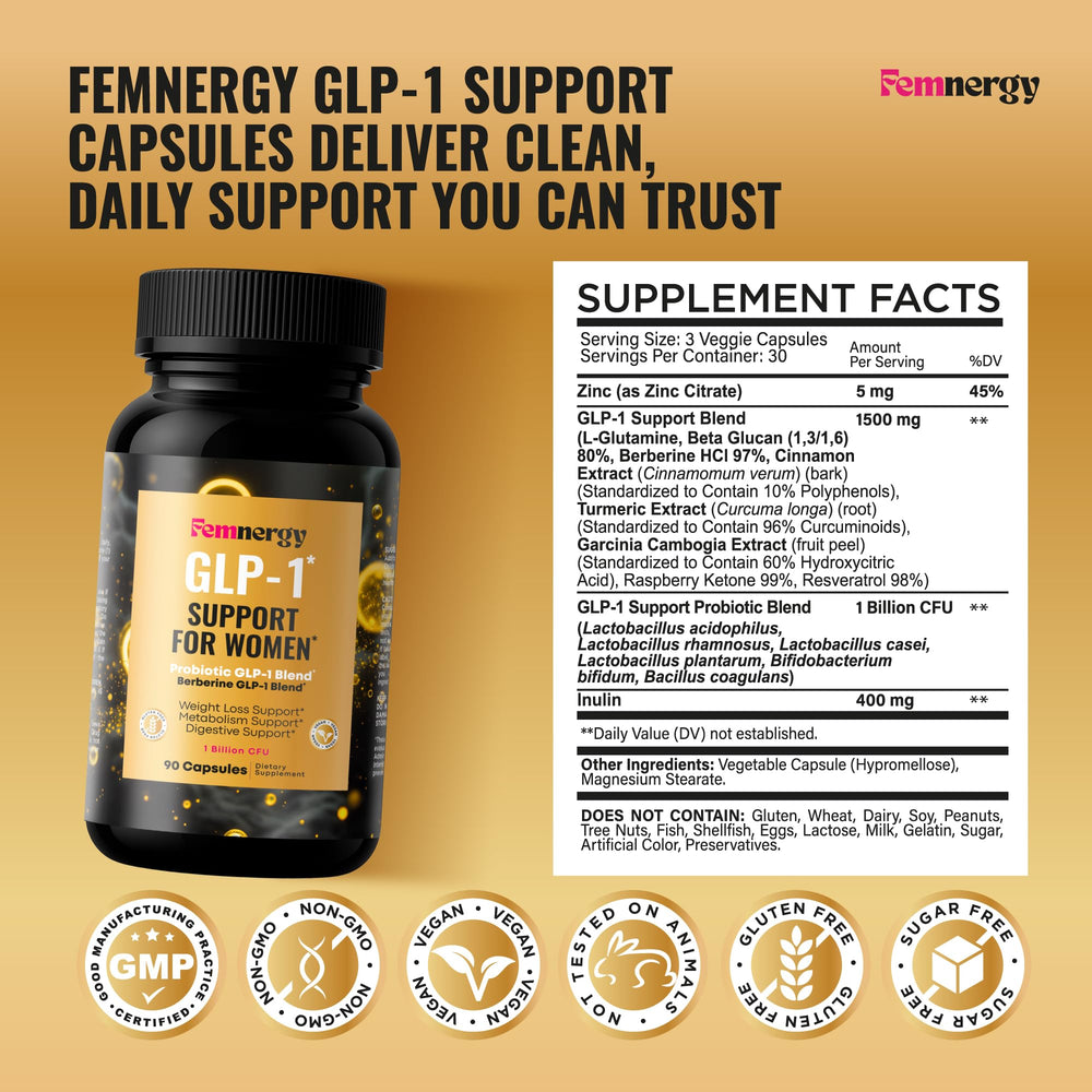 Full Femnergy GLP-1 Support bottle displayed on wood for lifestyle use.