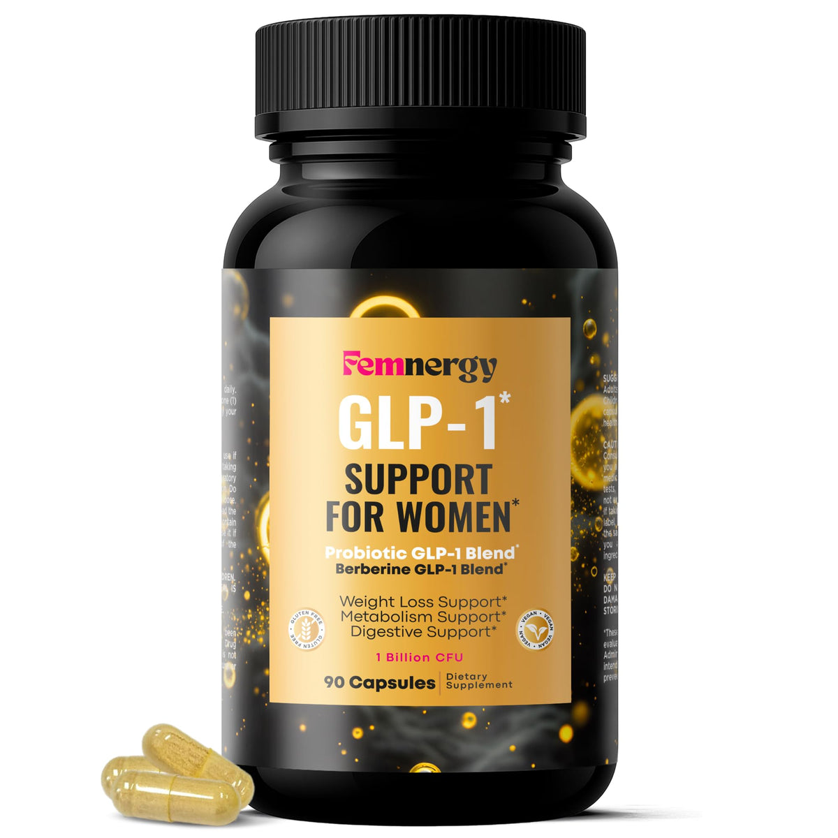 Femnergy GLP-1 Support probiotic berberine bottle showing packaging and label details for gut balance.