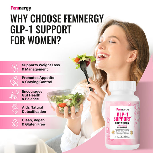 Femnergy GLP-1 Support for Women capsules close-up emphasizing appetite balance and natural energy.