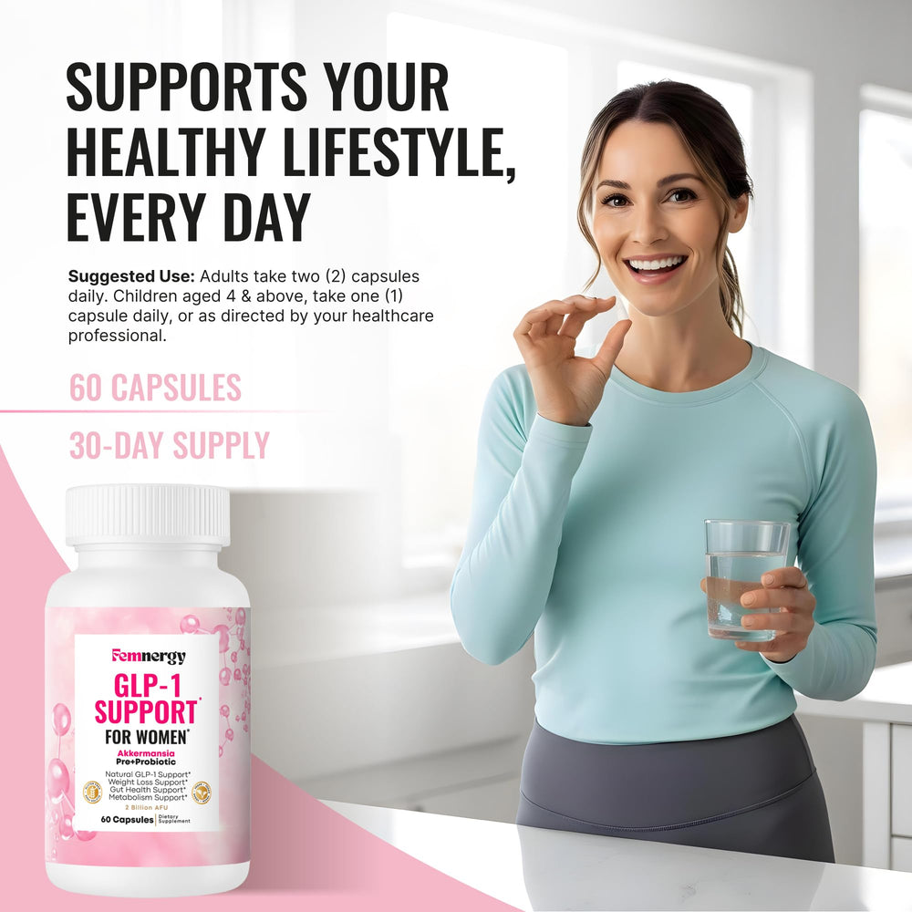 Femnergy GLP-1 Support for Women daily routine scene with capsules ready.