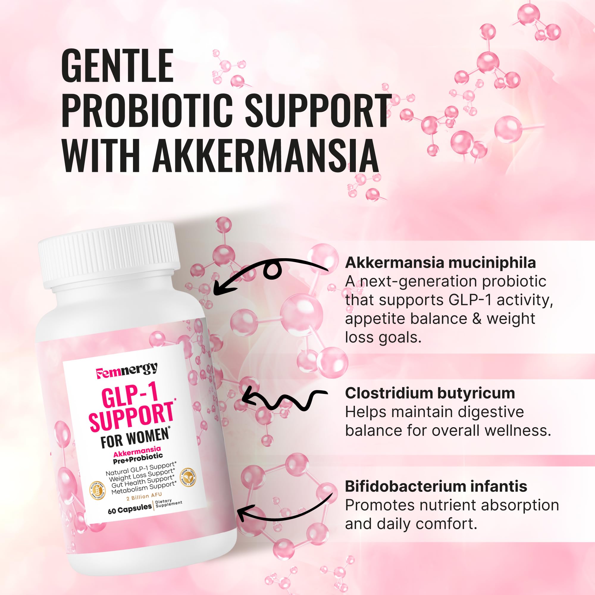 Femnergy GLP-1 Support for Women digestive wellness close-up highlighting gut balance benefits.