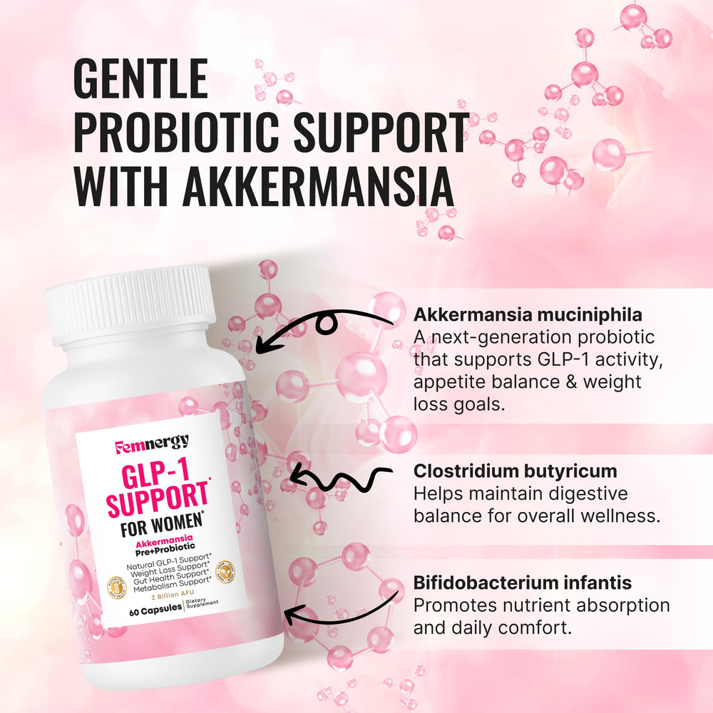 Femnergy GLP-1 Support for Women digestive wellness close-up highlighting gut balance benefits.