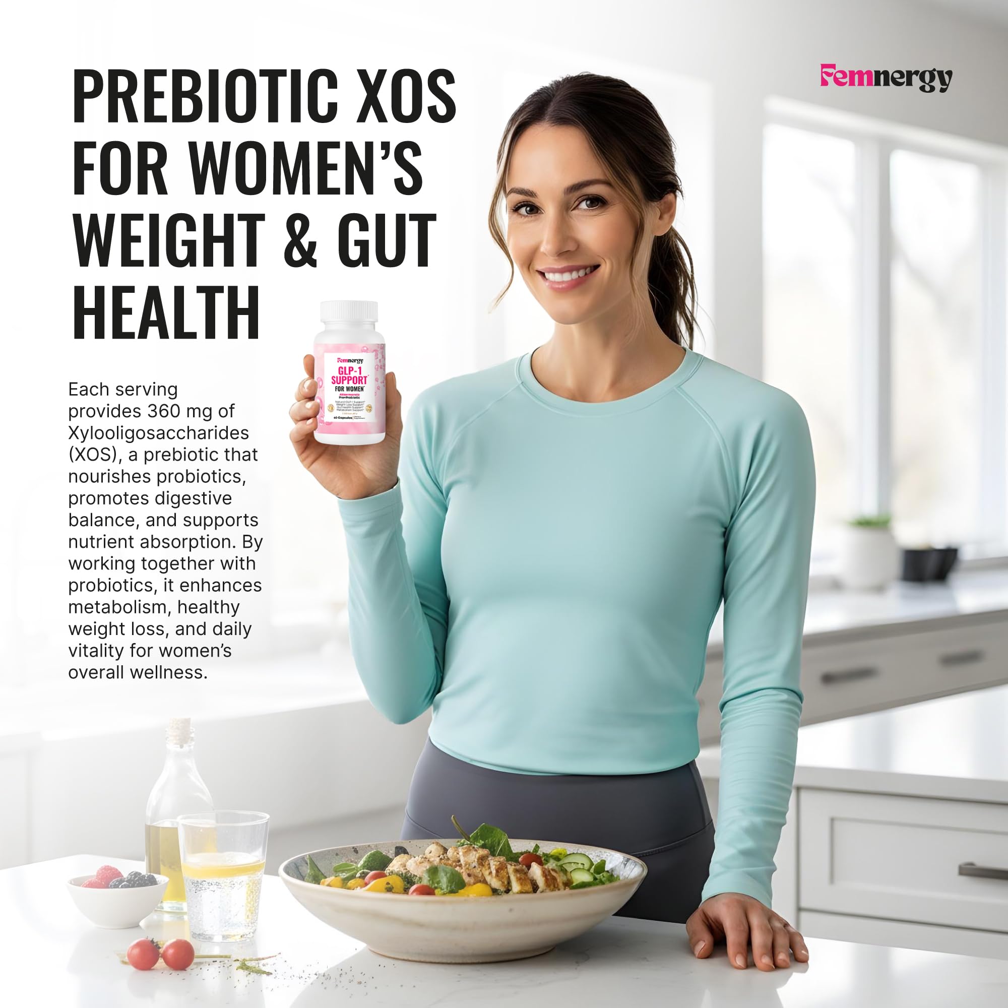 Femnergy GLP-1 Support for Women ingredients panel close-up for clean, non-GMO formula.