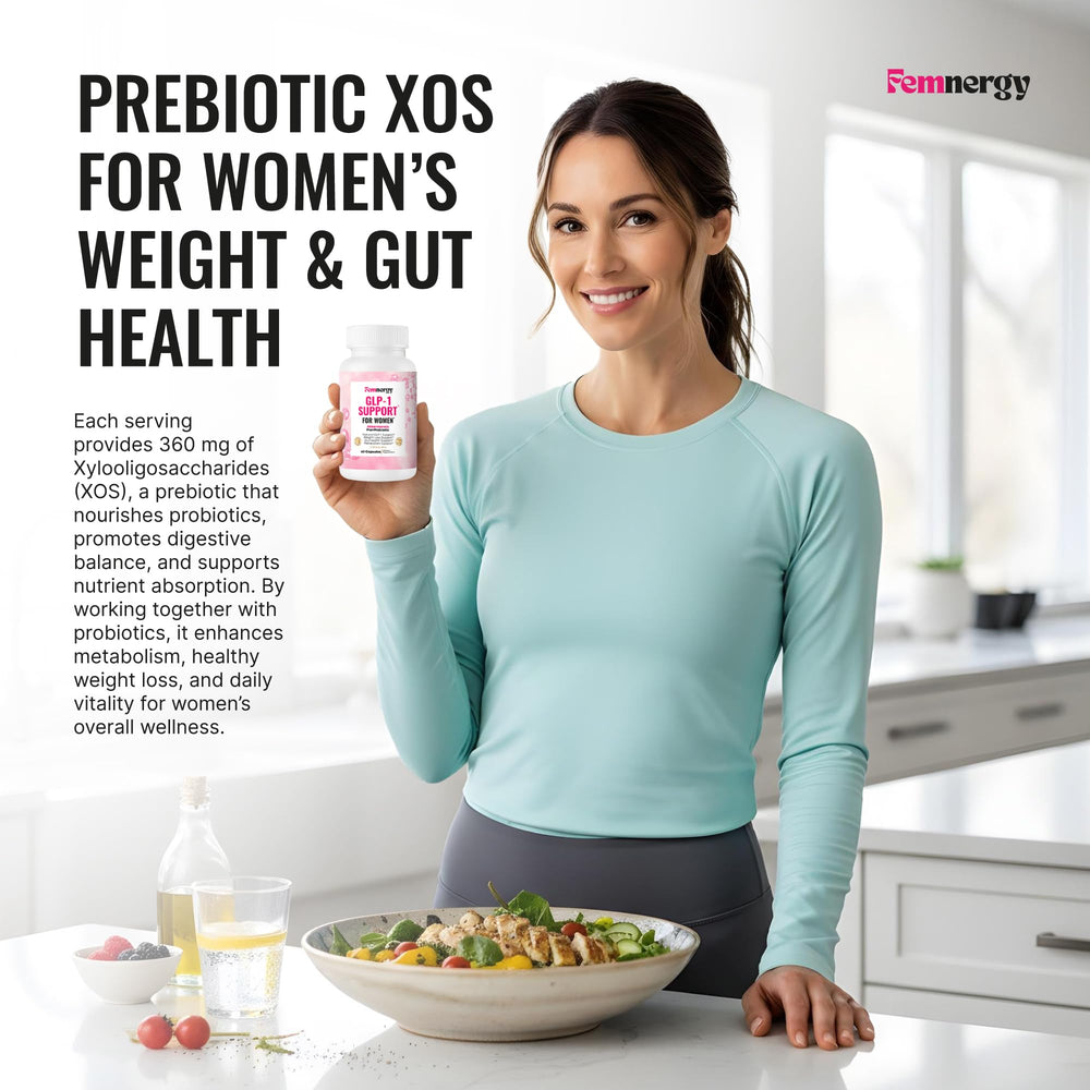 Femnergy GLP-1 Support for Women ingredients panel close-up for clean, non-GMO formula.