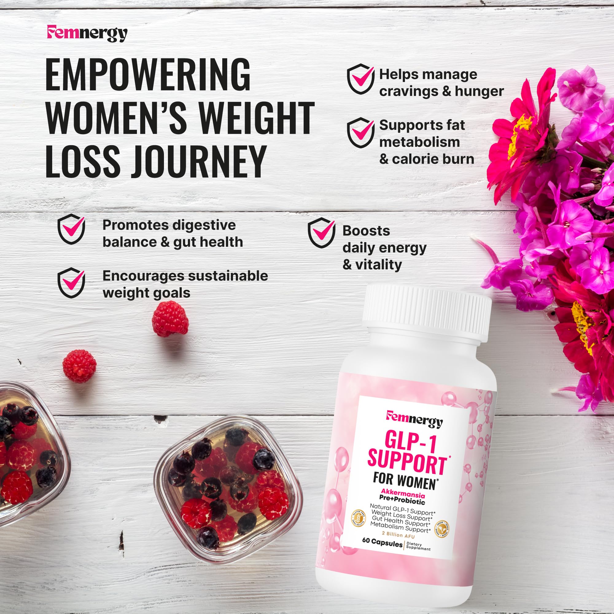 Femnergy GLP-1 Support for Women label close-up showcasing vegan, gluten-free formula.