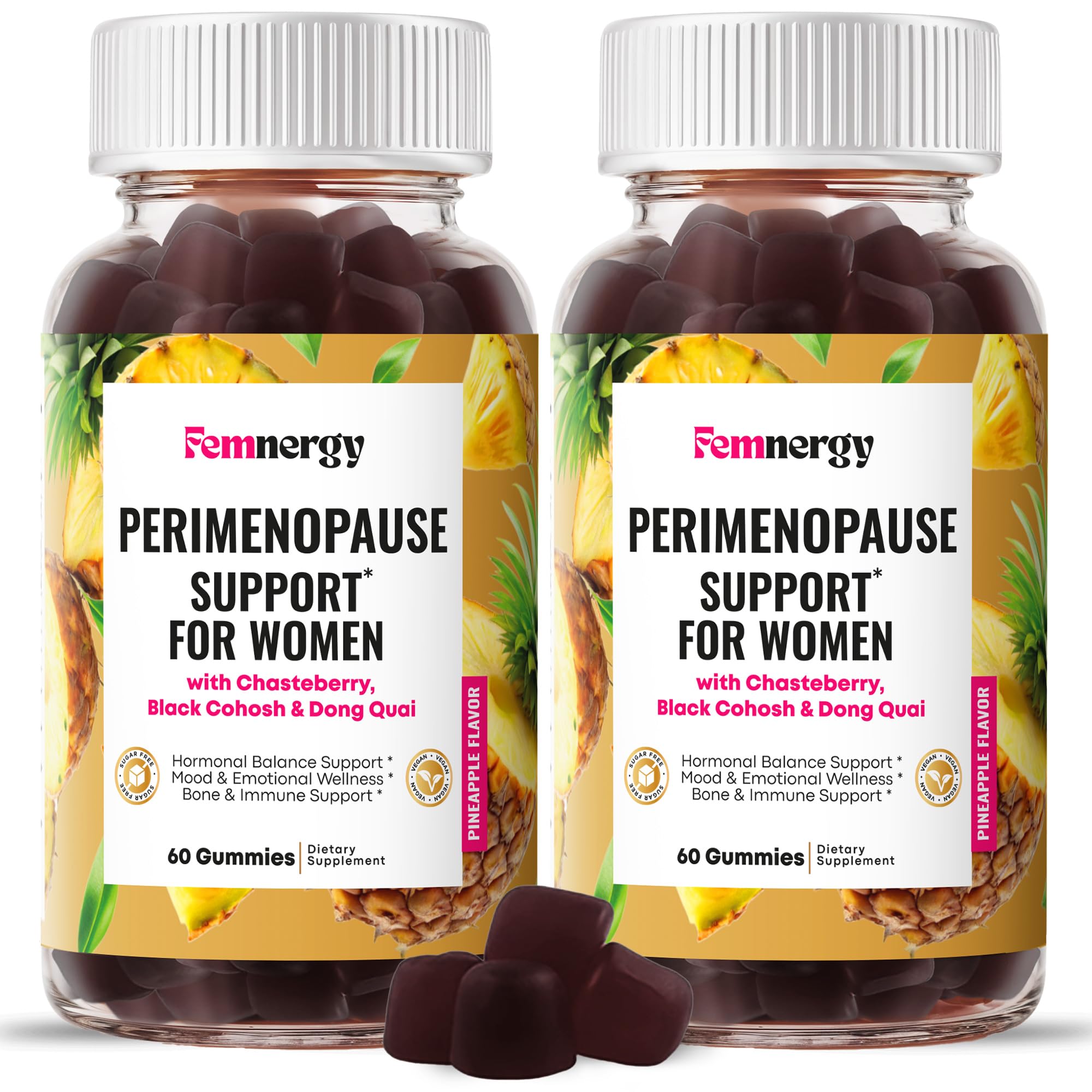 Femnergy Perimenopause gummies bottle front showing pineapple flavor for daily mood support