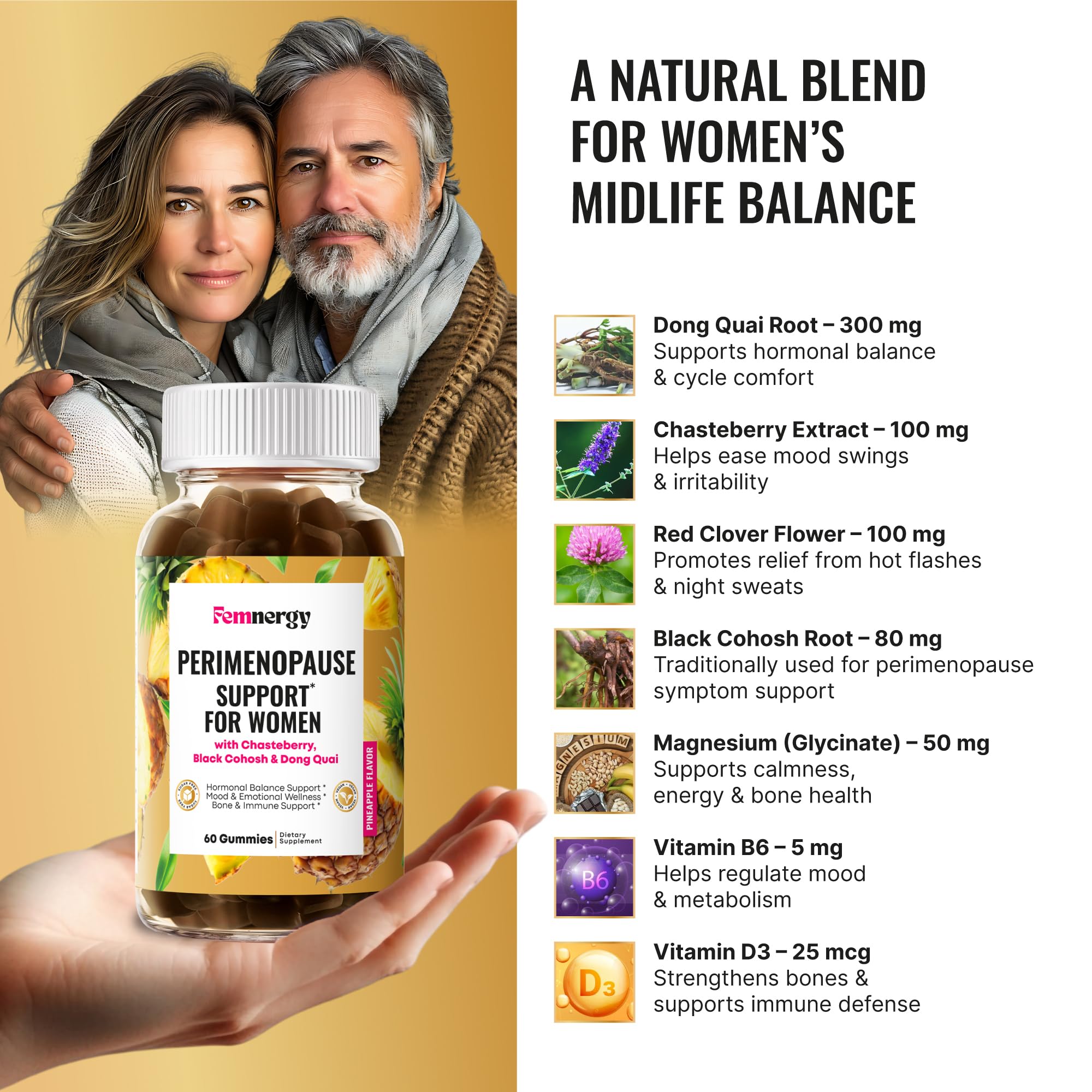 Visual of Femnergy Perimenopause ingredients blend with chasteberry and black cohosh