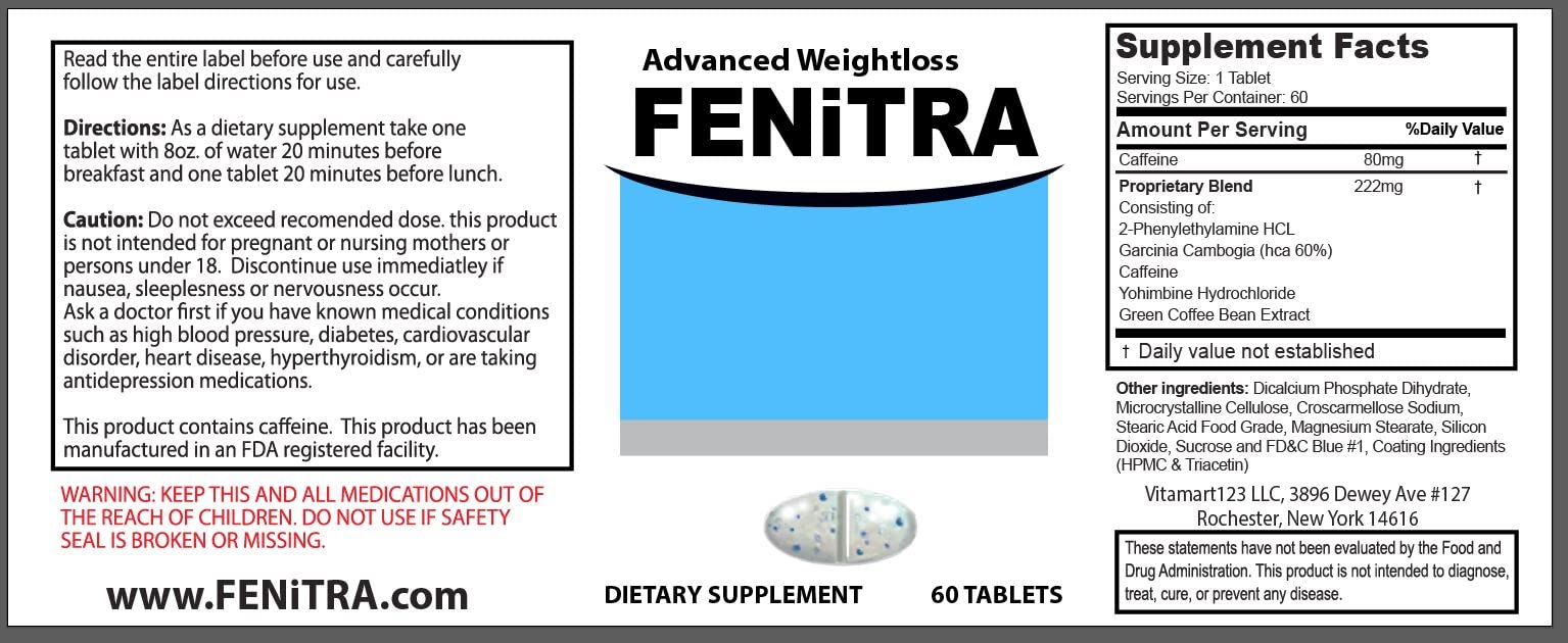 Fenitra supplement tablets packaging closeup highlighting energy support for daily activity.