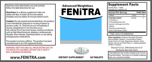 Fenitra supplement tablets packaging closeup highlighting energy support for daily activity.