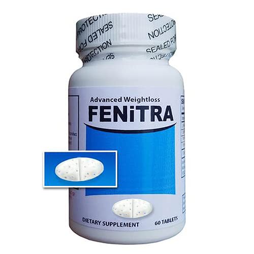 Fenitra weight management tablets bottle being poured, supporting appetite balance and cravings control.
