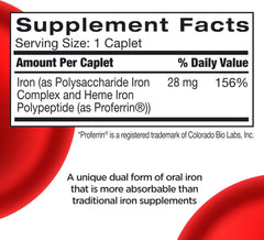 Feosol Complete with Bifera Iron bottle back displays label details and daily dosage guidance.