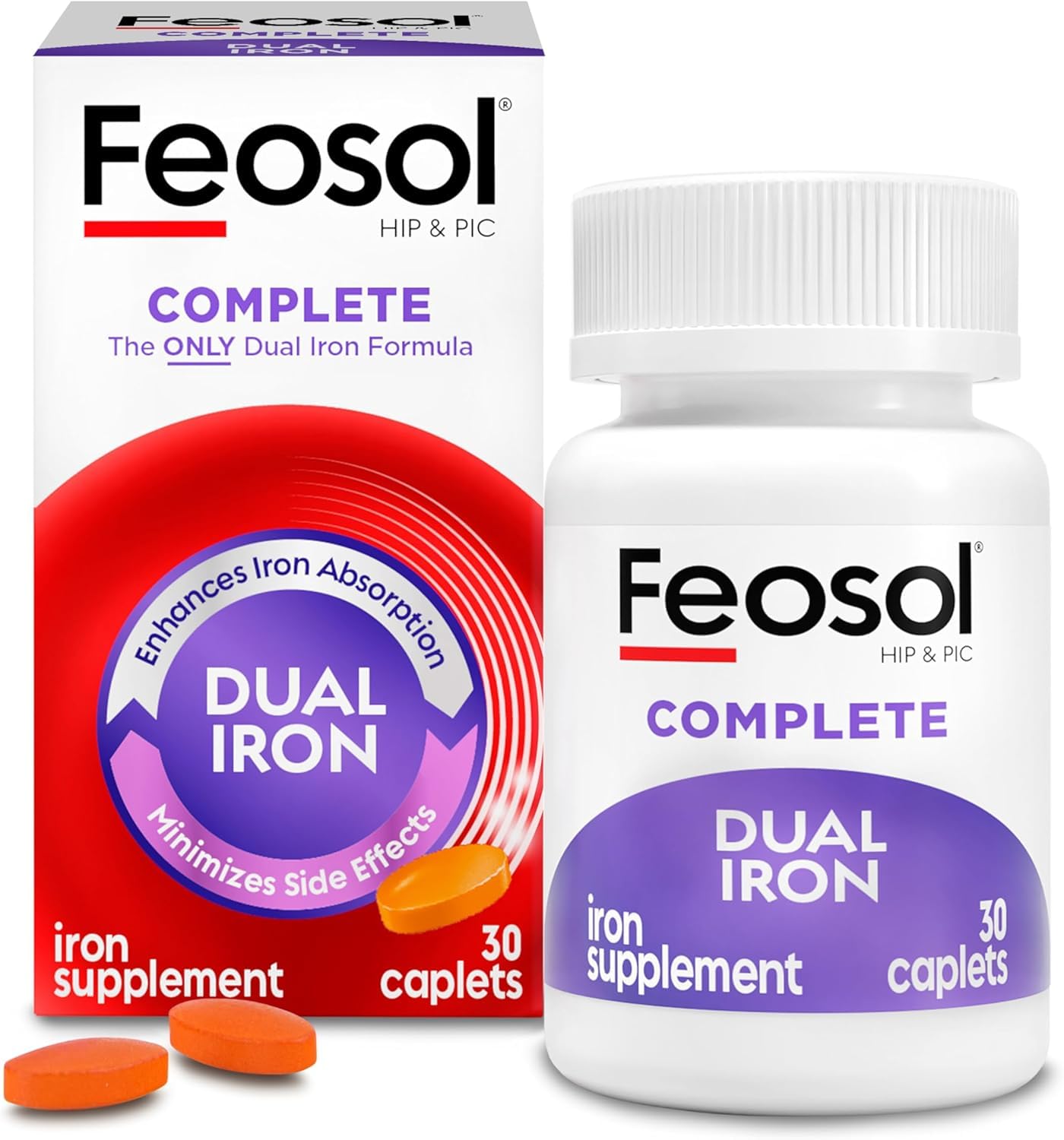 Feosol Complete with Bifera Iron bottle front shows a convenient caplet for daily iron support.