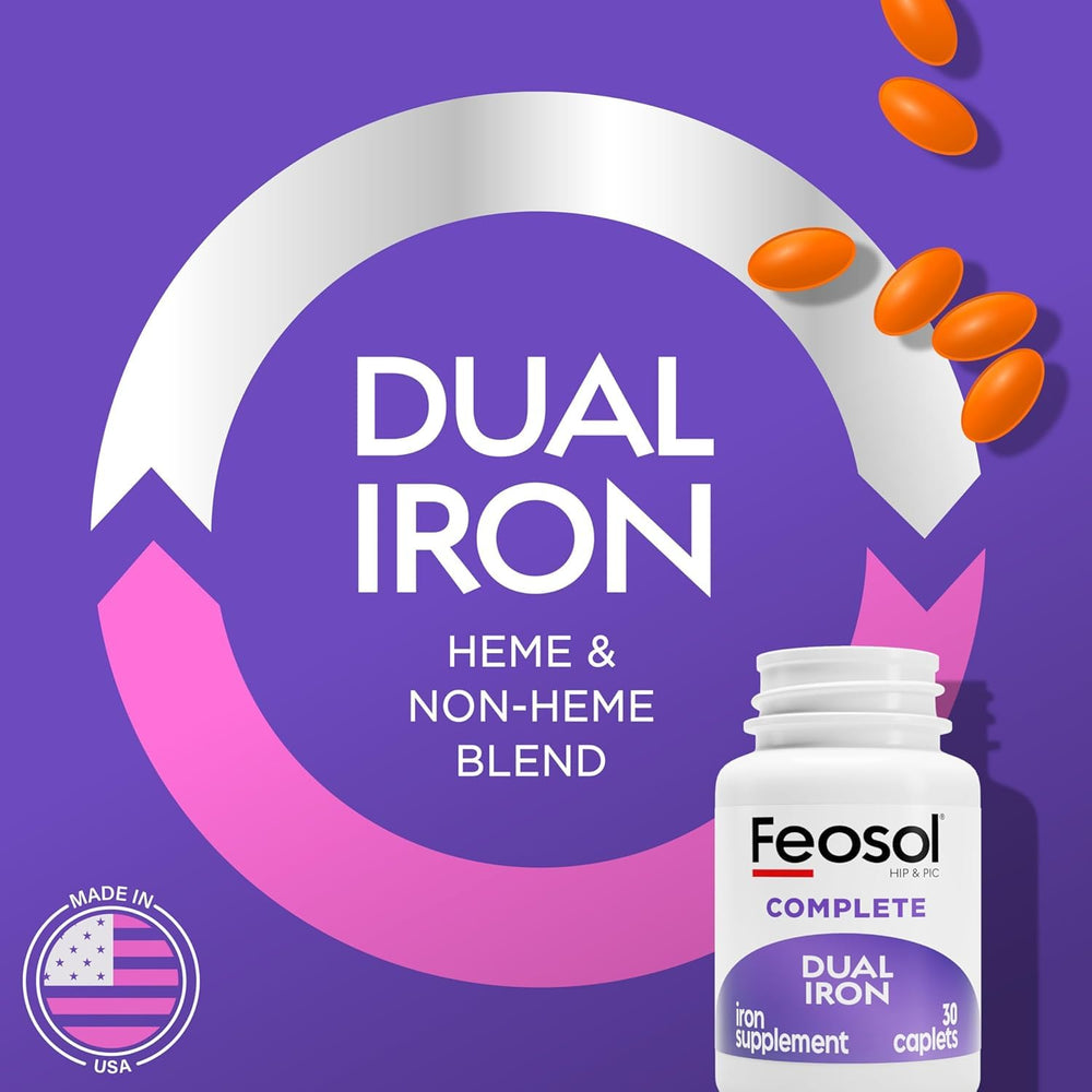 Feosol Complete with Bifera Iron capsules highlight easy absorption and gentle digestion.