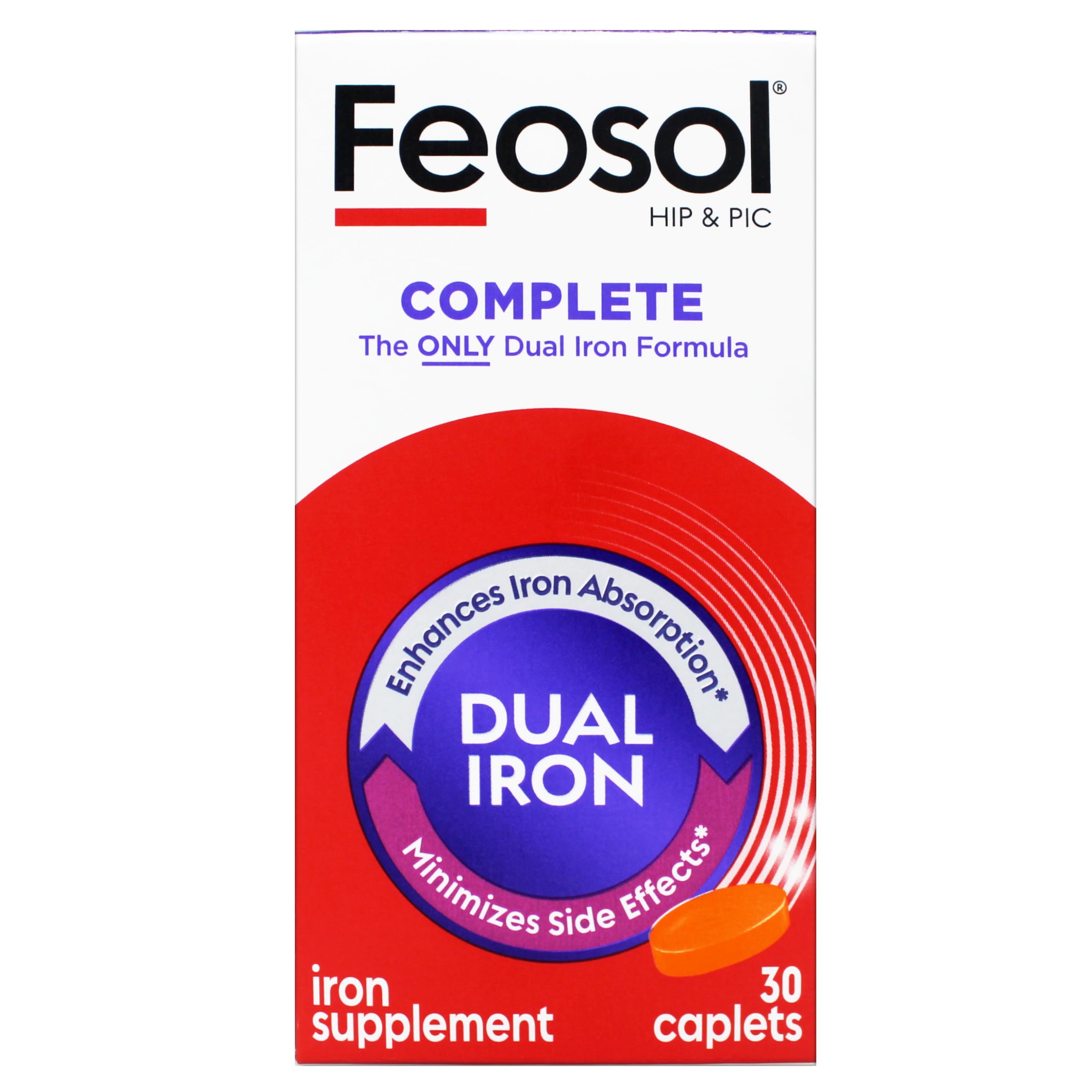 Feosol Complete bottle label closeup signals trusted iron supplementation.